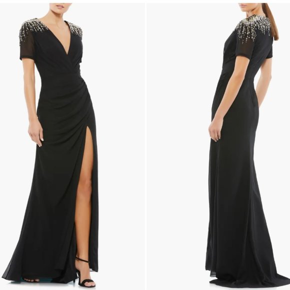 MAC DUGGAL 55704 SEQUINED EMBELLISHED SHORT SLEEVE BLACK THIGH SLIT GOWN 16 - Picture 3 of 3